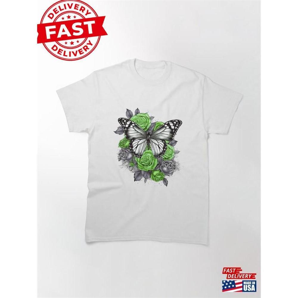 Butterfly And Green Roses Classic T-Shirt Unisex